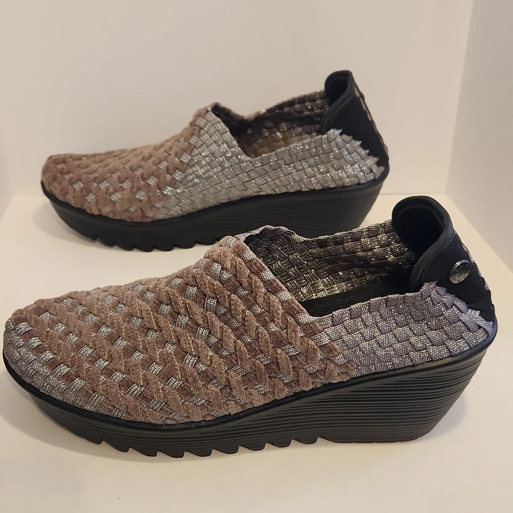 Bernie Mev Silver And Brown Gem Vegan Wedge Shoe Size 8/8.5